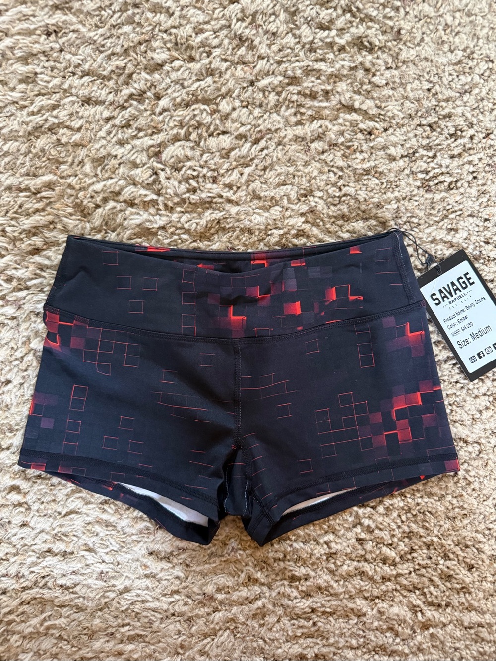 Savage Barbell “Ember” Black Athletic Shorts with Red Pixel Print